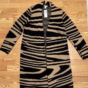 Chico’s Black and Tan Striped Sweater Coat